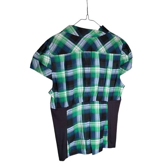 BCBG MAXAZRIA Shirt Button Up Cap Sleeves Pockets Plaid Green Womens Large - Picture 2 of 4